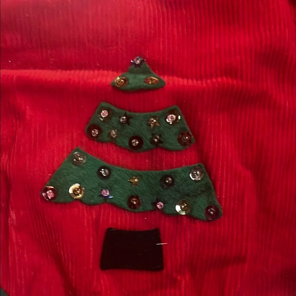 VTG Red Holiday Stocking with Felt Angel, Christmas Tree, Snowman & More